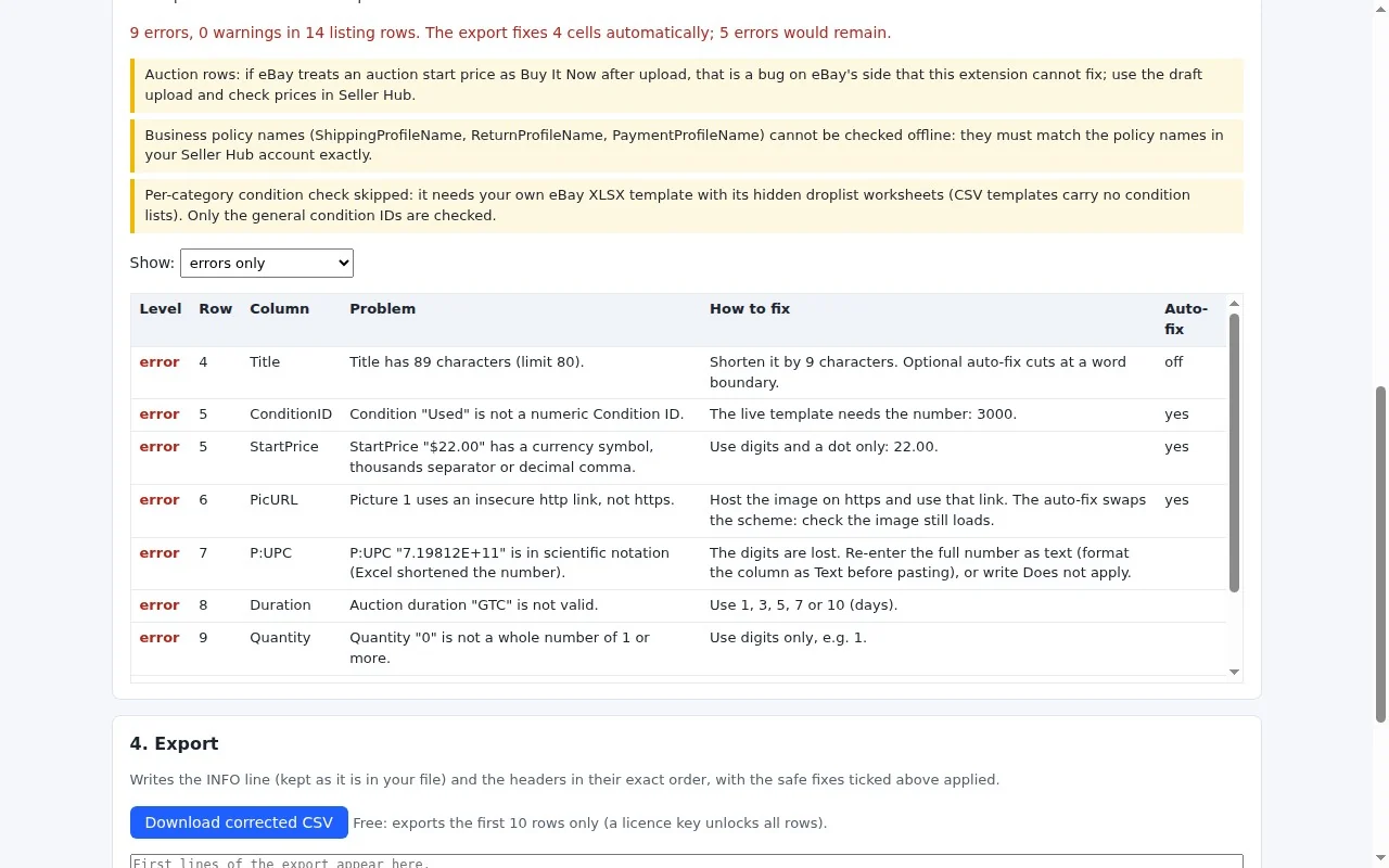 RowCheck listing upload errors by row and column with fix hints